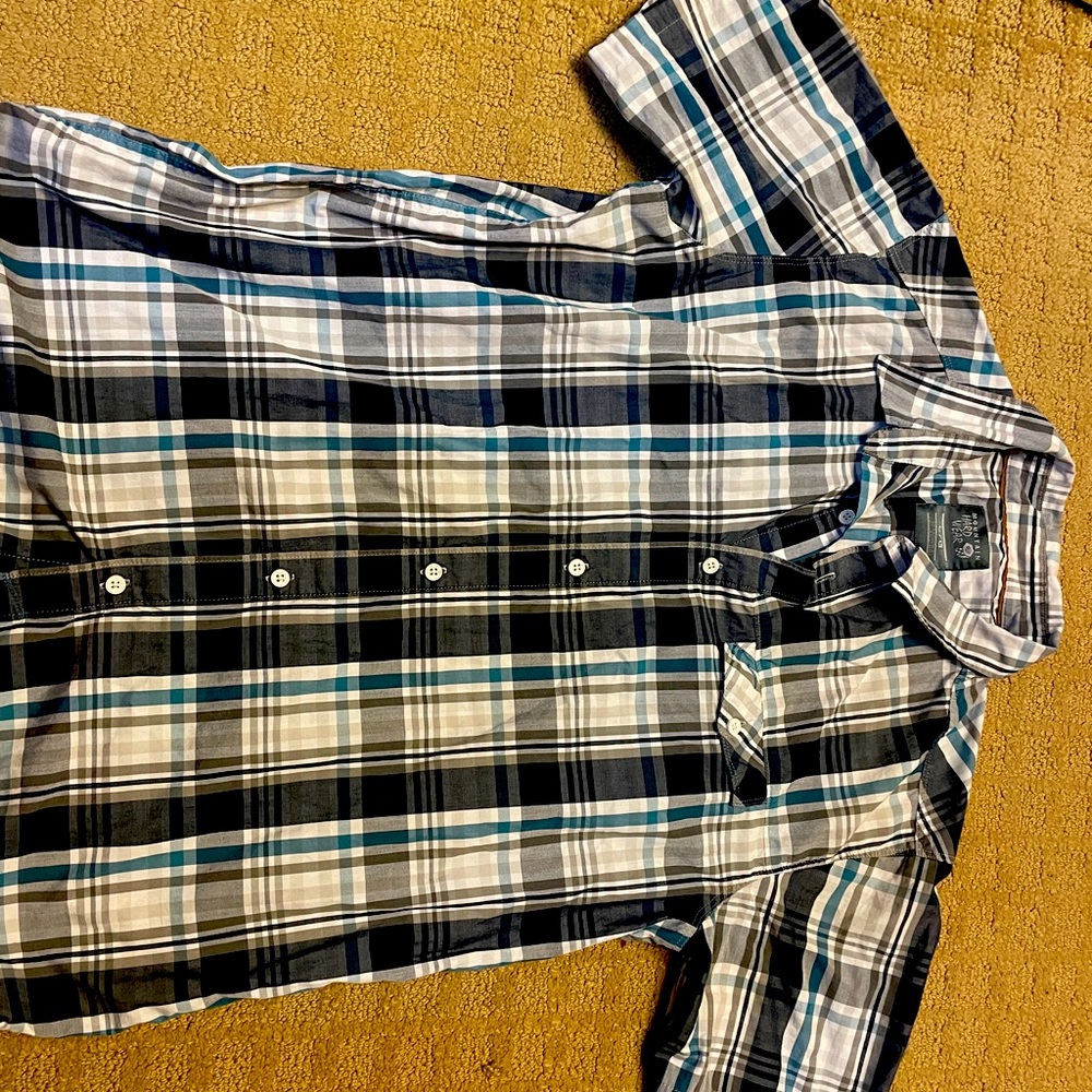 Size L/G, Mountain Hardware short sleeve, large mens button down plaid shirt